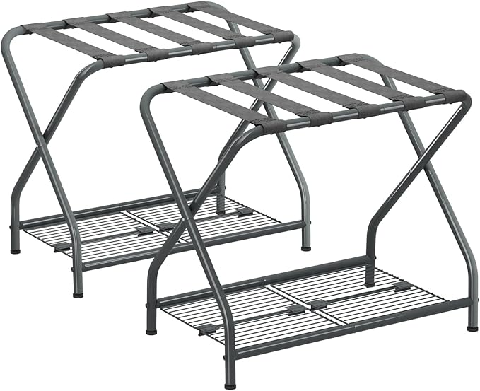 Set of 2 Foldable Gray Luggage Rack Stands with Storage Shelves – Heavy Duty Metal Suitcase Holders, 150 lbs Top, 50 lbs Bottom Each, Fits 20”-28” Luggage – Guest Room, Bedroom, Hotel LR-GY-2