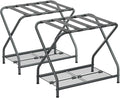 Set of 2 Foldable Gray Luggage Rack Stands with Storage Shelves – Heavy Duty Metal Suitcase Holders, 150 lbs Top, 50 lbs Bottom Each, Fits 20”-28” Luggage – Guest Room, Bedroom, Hotel LR-GY-2