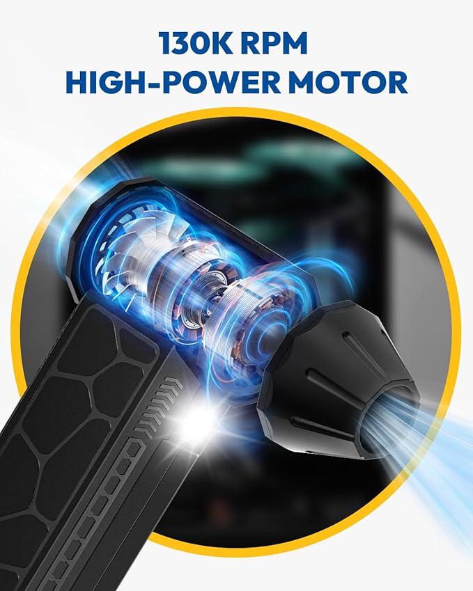 Compressed Air Duster, 130000RPM Super Power Rechargeable Cordless Electric Air Duster, 4 Gear Adjustable Mini Blower with LED Light for Electric Devices Computer Keyboard House Ourtdoor Car