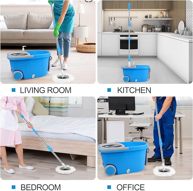 Spin Mop and Bucket with Wringer Set, 3 Washable Microfiber Pads Included for Floor Cleaning, Adjustable Stainless Steel Handle, Easy Moving with Wheels, Blue