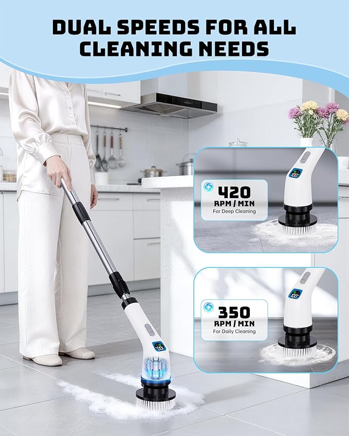 Electric Spin Scrubber, IPX7 Shower Scrubber 7 Replaceable Brush Heads-90Mins Work Time, 2-Speed Adjustable Bathroom Scrubber 3-Height Adjustable Handle Cordless Tub Scrubber for Bathtub Kitchen Glass