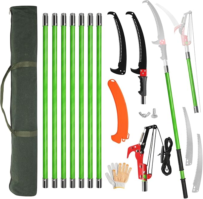 Outvita Manual Pole Saw, 30 Feet Extendable Tree Pruner with Knives and Storage Pocket, Sharp Steel Blade and Scissors High Branches Trimming for Pruning Palms and Shrubs(Green)