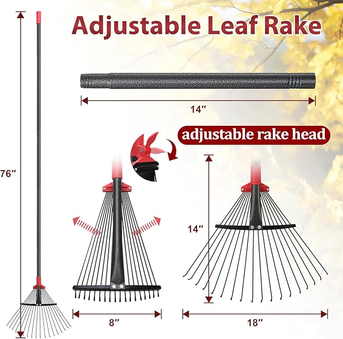 76 Inch Rake for Leaves, Adjustable 18 Metal Tines with Expandable Head Garden Rakes for Lawns Heavy Duty Metal Rake for Leaves Yard Gardening Grass Outdoor Debris