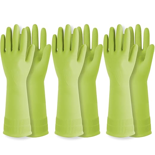 Reusable Waterproof Household Dishwashing Cleaning Rubber Gloves, Non-Slip Kitchen Glove (Green, Medium (Pack of 3))