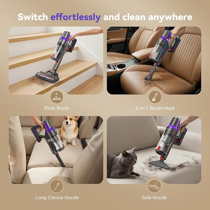 TechRise Cordless Vacuum Cleaner for Home, Powerful Suction Stick Vacuum with Tangle-Free Brush, Up to 60 Min Runtime, 8-in-1 Versatile & Self-Standing for Hardwood Floors, Carpets, Pet Hair