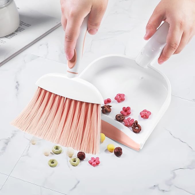 NACENA Small Dust Pan and Brush Set, Mini Broom and Dustpan Set Small Hand Broom and Brush Combo Dust Pan for Home Cleaning Drawers Desktop Sofas and Outdoor, Pink