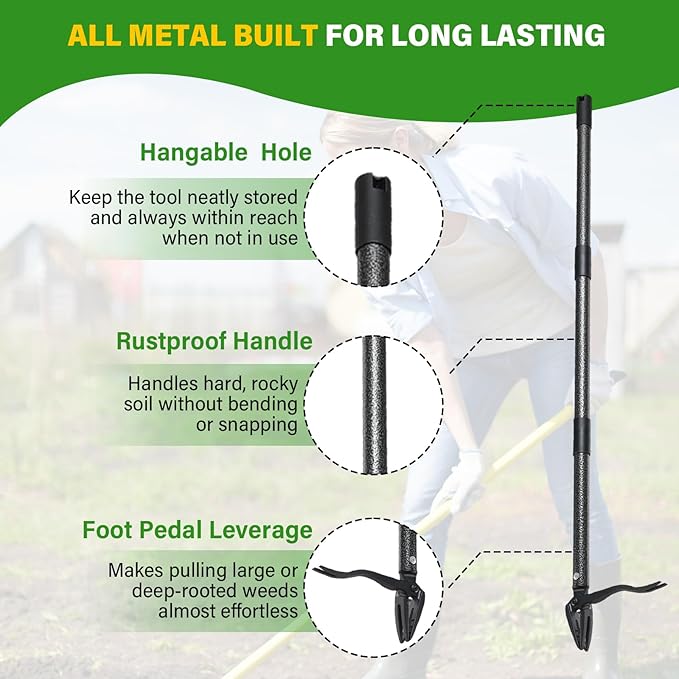 Weed Puller Tool, 4 Claw Stand Up Manual Weeder, Heavy Duty Weeding Tool with 60 inch Long Handle,Steel Head,Uprooting Dandelion Removal Gardening Tools for Farm Lawn Grass Removal