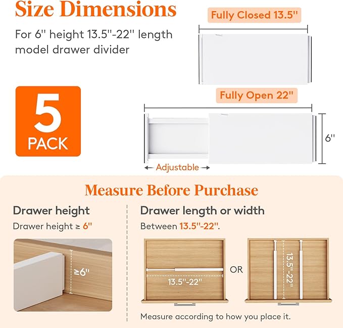 Lifewit 5 Pack 6" High Drawer Dividers 34-56cm/13.5-22" Adjustable Drawer Organizer for Clothes/Utensils, Expandable Drawer Separator in Dresser/Kitchen/Bedroom/Office Organization & Storage White