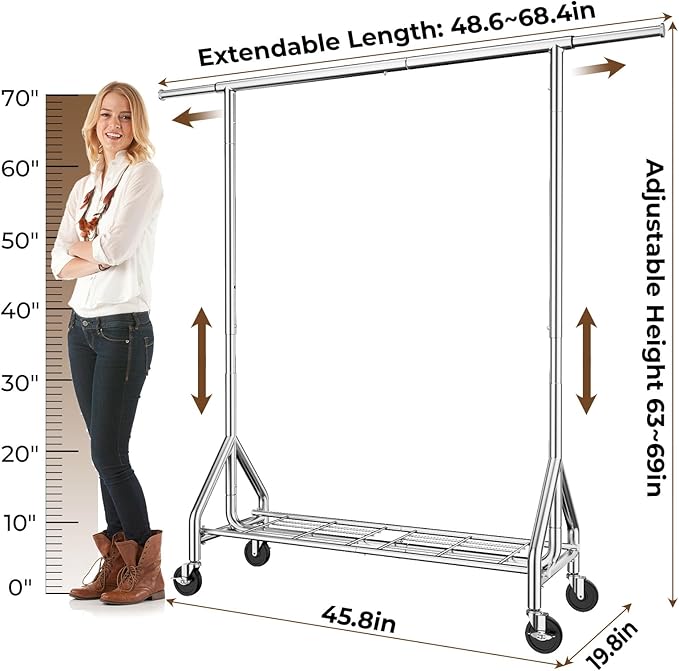 HYSEYY Heavy Duty Clothes Rack Load 450 LBS, Metal Garment Rack, Standing Rolling Clothing Rack for Hanging Clothes with Sturdy Wheels & Shelves, Portable Closet Wardrobe Rack,Sliver