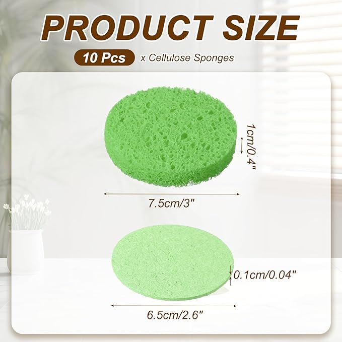 uxcell 10Pcs Cellulose Sponges, Round Kitchen Clean Sponges Non-Scratch Compressed Dish Scrubber for Kitchen Household Cookware Bathroom Cleaning & DIY, Green