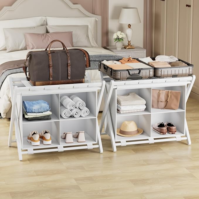 Folding Luggage Rack, 2-Pack White Bamboo Suitcase Stands with 4 Storage Compartments , Sturdy Luggage Holders for Guest Room, Bedroom, Hotel