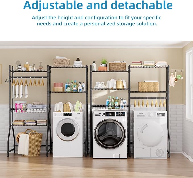 Golpart Over Washer and Dryer Shelves,Heavy Duty Laundry Room Storage Organization Clothes Drying Rack,5 Tier Adjustable Height Wire Shelving and Wire Basket with Hanger Rod&Hook,Space Saving Shelf | Heavy Duty, Clothes Drying Rack, Adjustable Height, ...