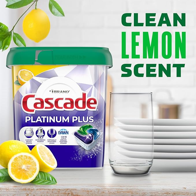 Cascade Platinum Plus Dishwasher Pods, Dishwasher Detergent, Dishwasher Soap, Dish Tabs, Dishwashing Tablets, Dish Detergent, Lemon, Actionpacs, 21 Count