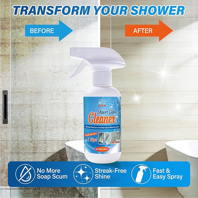 Shower Glass Cleaner, Hard Water Stain & Soap Scum Remover for Glass, Windows and Mirrors, Streak-Free Bathroom Glass Cleaner with Cleaning Towel, 8.45 fl oz / 250ml