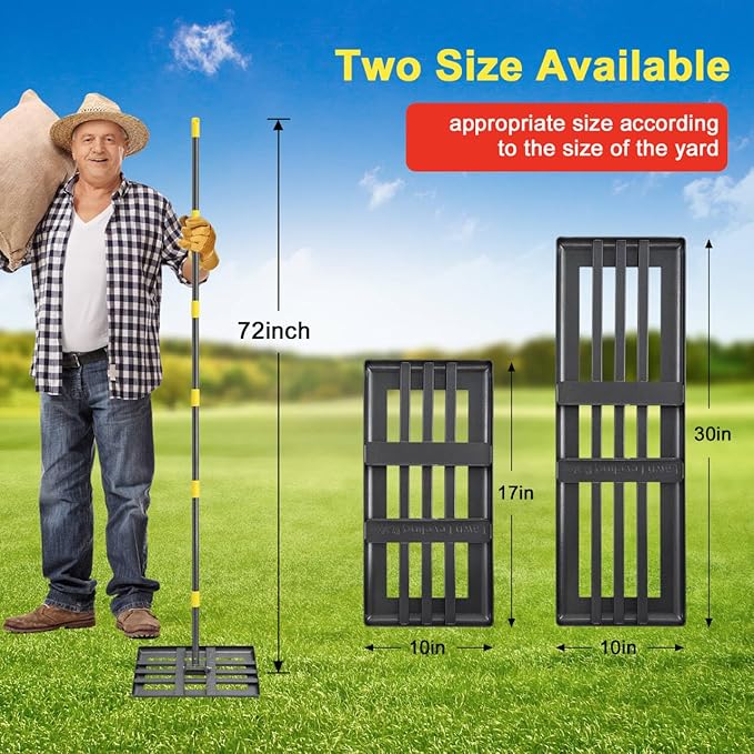 Lawn Leveling Rake - Heavy Duty 17"x10" Stainless Steel Lawn Leveler | Adjustable 28-72" Handle, Reinforced Welds & Smooth Edge for Soil, Dirt,Ground,Yard Top Dressing,Landscaping