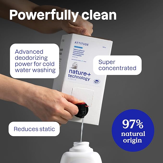 ATTITUDE Liquid Fabric Softener, Plant-Based & Vegan, HE Compatible, Naturally Derived, Unscented, 40 Loads, 33.8 Fl Oz (Pack of 6)