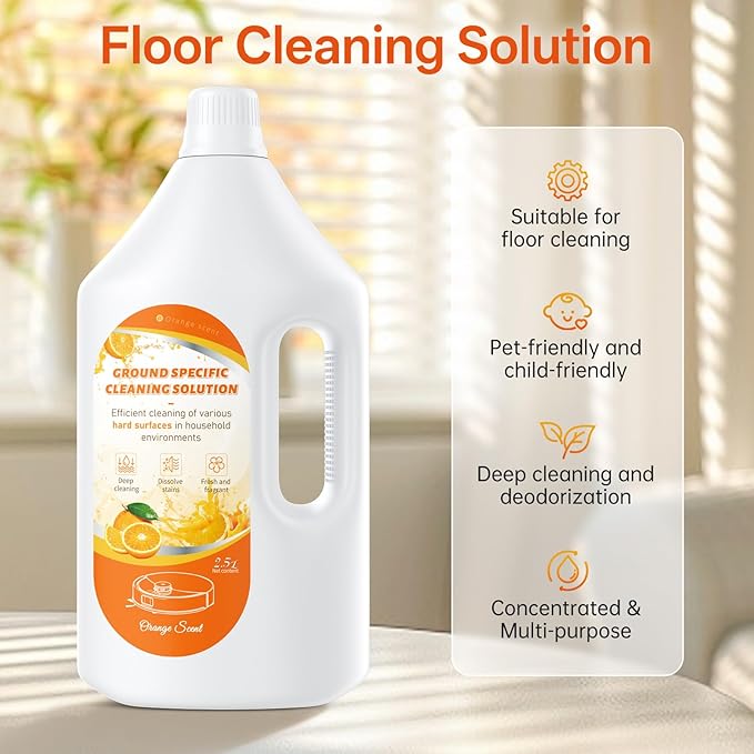 2.5L Floor Cleaning Solution Compatible with Roborock/Eufy/iRobot/Ecovacs/Dreame/Shark, Fragrance Deodorization, Deep Cleans for Multiple Hard Floors (2.5 Liter, 【Sweet Orange】)