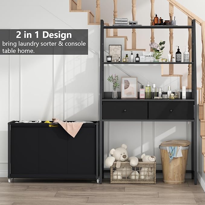 STIKELY Laundry Hamper Laundry Basket with 3 Section Pull-Out Rolling Bags & 2-Tier Storage Shelf, Laundry Sorter for Organization and Storage with 2 Drawers for Laundry Room, Bathroom