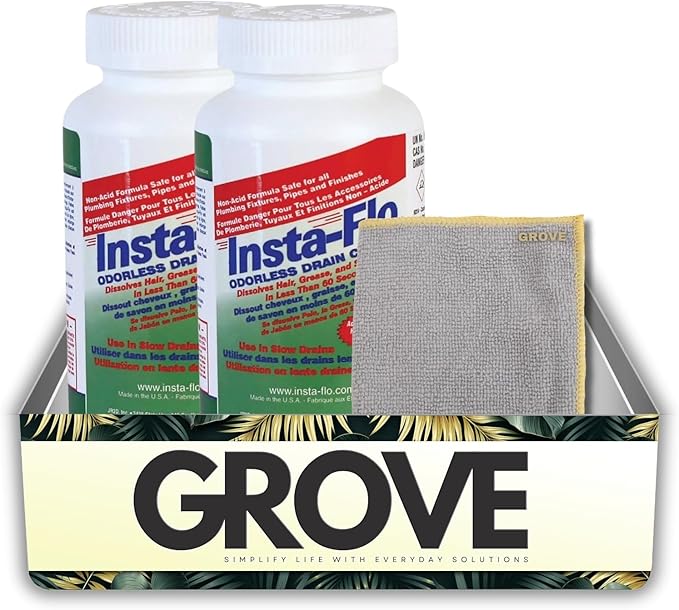 Drain Clog Remover – Insta-Flo Crystals Drain Cleaner 1 lb Bundle with Microfiber Towel – Fast-Acting Non-Acid Powder for Grease, Hair, and Soap Clogs in Drains and Pipes – Gift Set (3 Items)