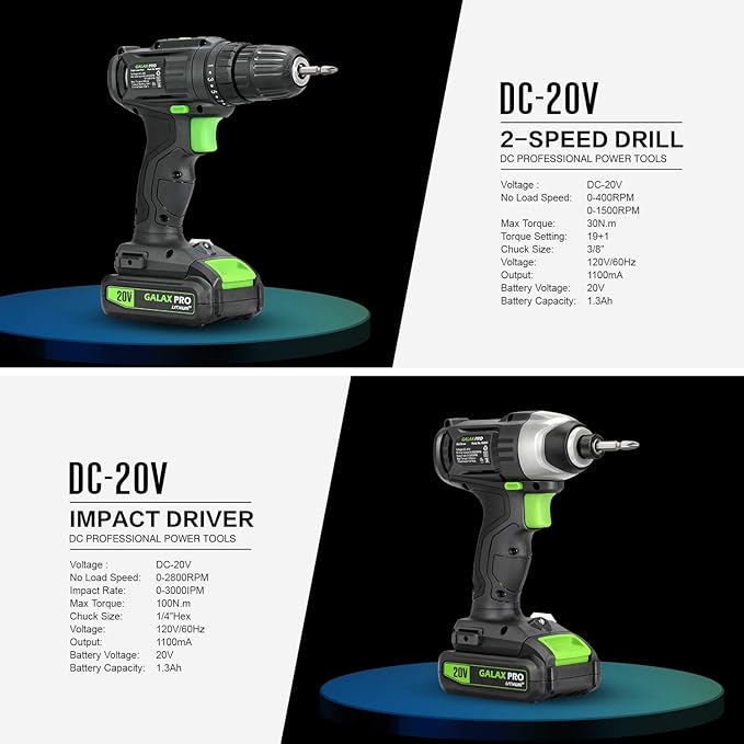 GALAX PRO Cordless Drill Driver/Impact Driver with 1pcs 1.3Ah Lithium-Ion Batteries, Charger Kit, 11pcs Accessories and Tool Bag