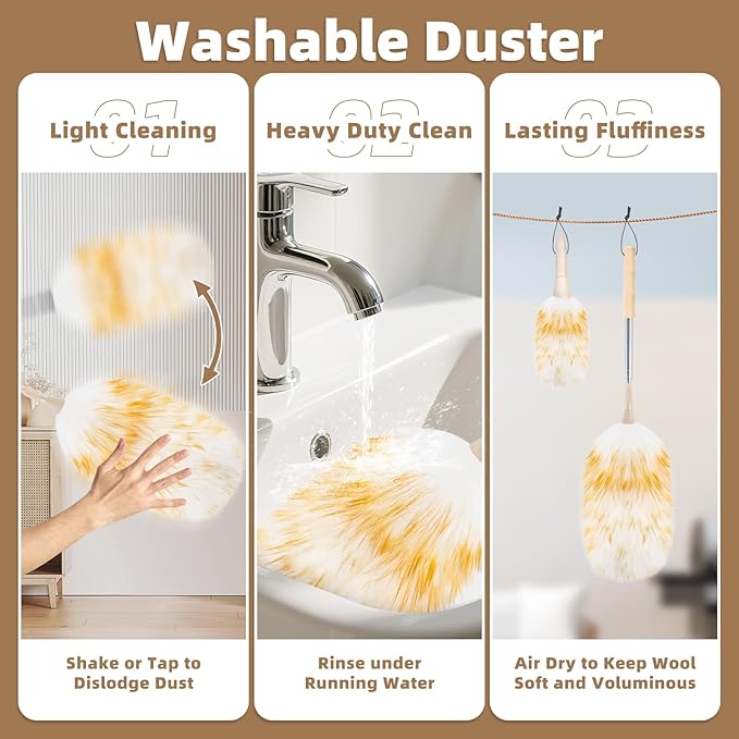LOVECO Feather Duster for Cleaning, Extendable Lambswool Duster 29-49 Inch for Cleaning Fans, Ceiling, Includes: Sticky Hooks×2, Small Duster×1, Electrostatic Dusters Suitable for Office, Home, Car