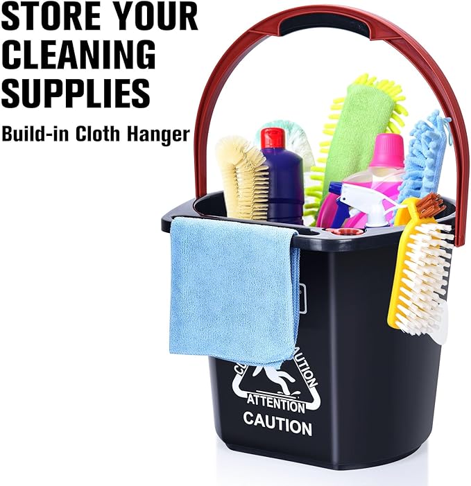 Matthew Cleaning 4.2 Gallon Mop Bucket, Heavy Duty Plastic Cleaning Bucket with Built-in Pour Spout, Mop Holder and Comfort Grip Handle, House and Commercial Cleaning Supplies, Case Pack 12 Pcs Black