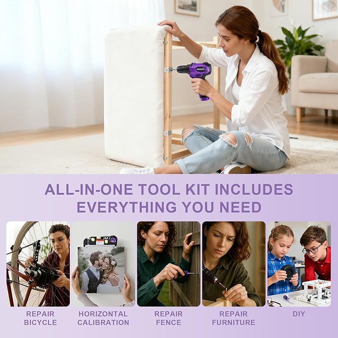 Tool Kit: 139 PCS Cordless Drill Set with Li-Ion Battery, 8V Power Drill with Type-C Charging, Portable Basic Home Tool Set for DIY Projects (Purple-A)