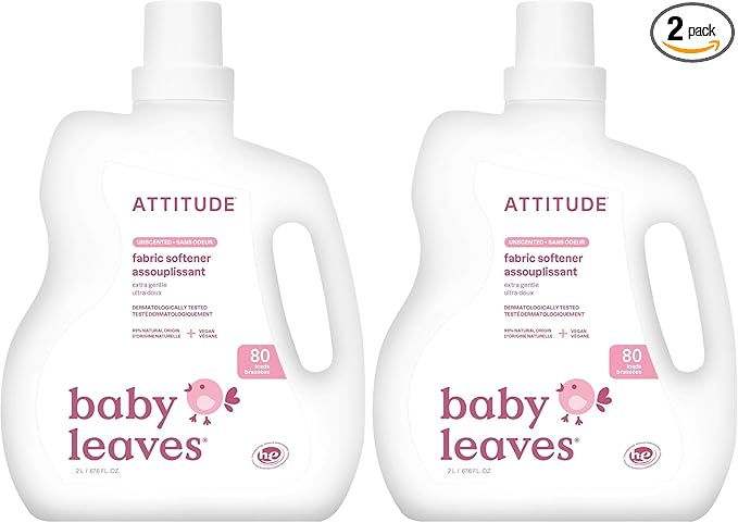 ATTITUDE Baby Fabric Softener, Plant and Mineral-Based Ingredients, HE Compatible, Vegan and Cruelty-free Laundry and Household Products, Unscented, 80 Loads, 67.6 Fl Oz (Pack of 2)