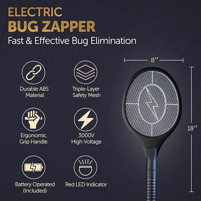 Bug Zapper Racket - Electric Fly Swatter & Mosquito Zapper for Indoor/Outdoor Insect Control - Battery-Operated Tennis Racket Zap - Lightweight & Portable High Voltage Bug Zapper - Black Mamba