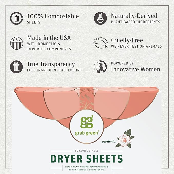 Grab Green Dryer Sheets, 80 Sheets, Gardenia Scent, Plant and Mineral Based, Compostable, Softens Fabrics, Reduces Static Cling and Wrinkles