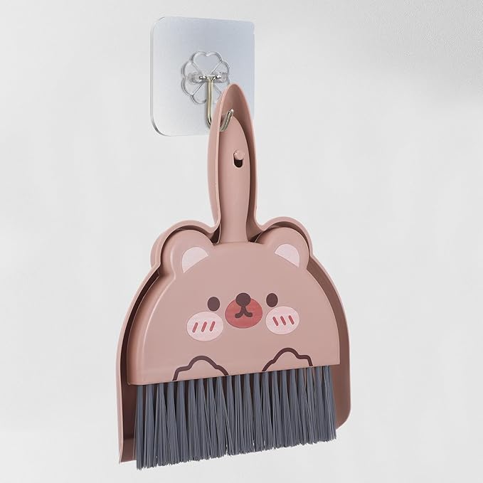 Portable Hand Broom and Dustpan Set, Cute Mini Dustpan and Brush with Bear Pattern, Small Cartoon Space Cleaning Tool for Home Office Desktop Car Camping Kitchen Tabletop (Brown)