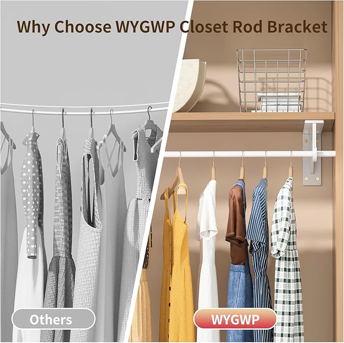 10 inch Closet Rod Bracket Support 400lb WYGWP Heavy Duty Closet Shelfs Support with Rod Holders, Wall Mounted Shelf Shelving Brackets with Hook for Wardrobe Walk-in Closet and Armoire(4pack White )
