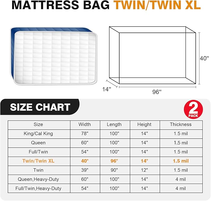 2 PK Twin XL/Twin Mattress Bags for Moving, Waterproof Mattress Cover for Disposal and Storage