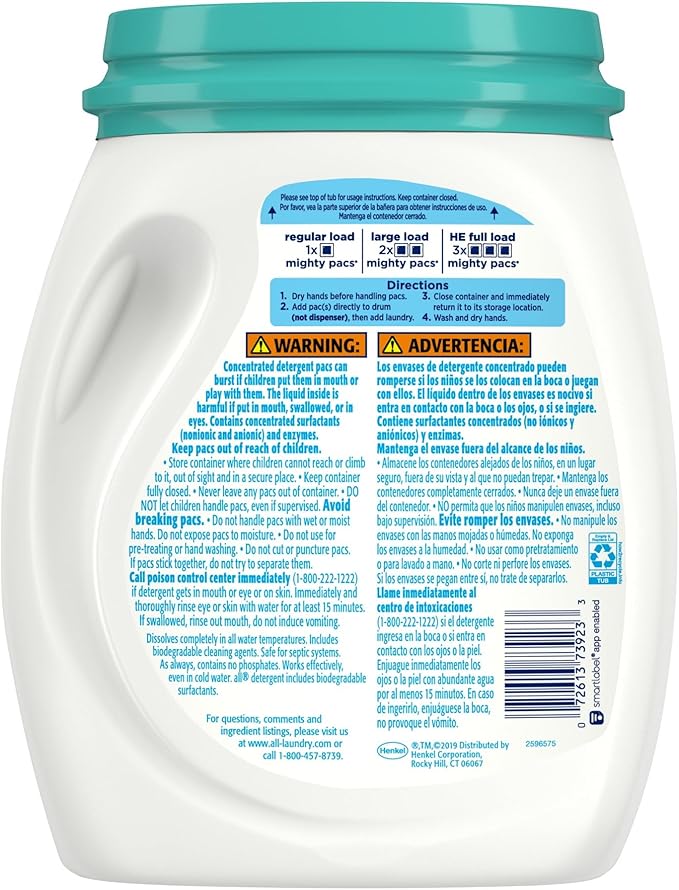 All Mighty Pacs Laundry Detergent,Free Clear Odor Relief,Tub,56 Count (Pack of 4)