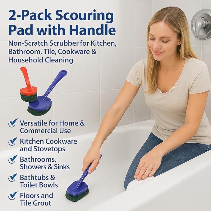 2-Pack Scouring Pad with Handle – Non-Scratch Scrubber for Kitchen, Bathroom, Tile, Cookware & Household Cleaning