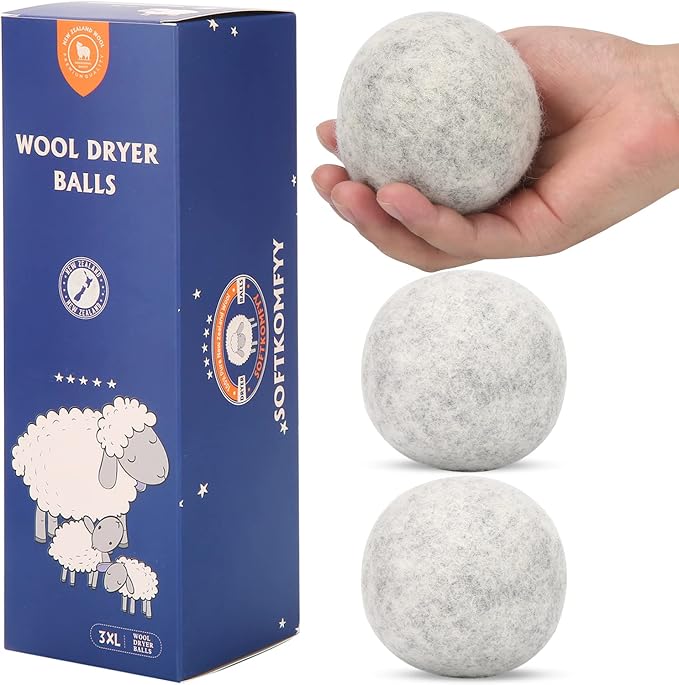 Wool Dryer Balls Handmade 3 Pack XL,Organic Laundry Dryer Balls,100% New Zealand Wool Natural Fabric Softener,Reusable 1000 Loads,Wrinkles Free, Shorten Drying Time,Baby Safe (3 Pack XL,Gray)