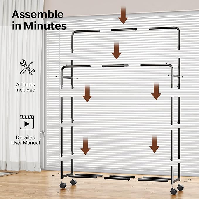 Simple Trending Clothing Clothes Rack Double Rods with Wheels, Rolling Metal Garment Rack for Hanging, Black