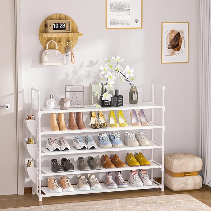 OYREL 5 Tier Shoe Organizer, 33.3in Wide x 11.2in Deep x 35.6in Tall, Black Metal and Plastic Shoe Rack with Side Bag, Holds 20-25 Pairs of Shoes