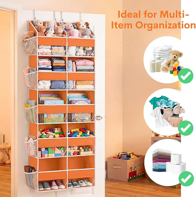 Over The Door Organizer 5 Tiers, Extra Large Behind Door Storage of 10 Compartments, 80 lbs Weight Capacity Hanging Storage Organizer with Clear Window Kids Toys,Shoes,Diapers,Room Storage,Orange