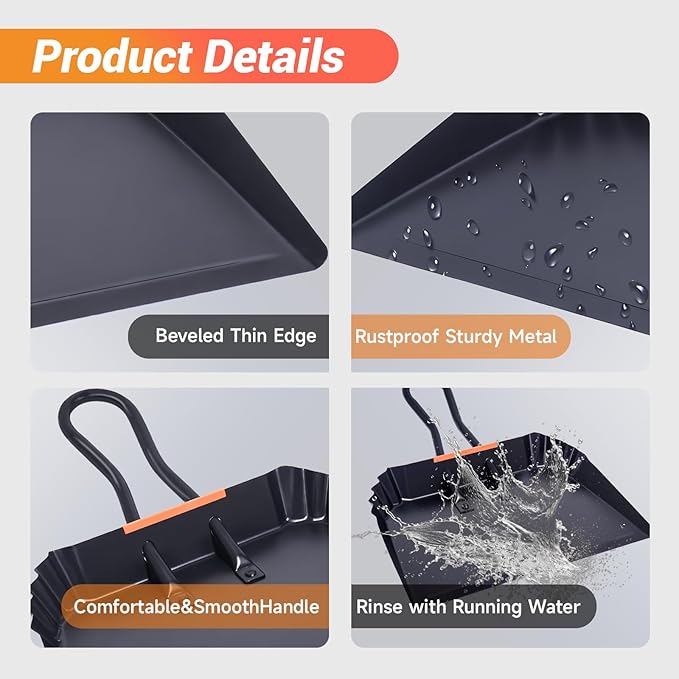2 Pack Metal Dust Pan, 12 Inch Heavy Duty Dustpans, with Handle Black Large Dustpan for Indoor, Outdoor, Home Garage,Fireplace, Industrial and Commercial Use
