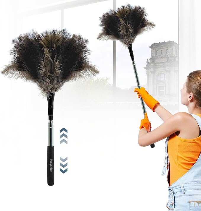 Extendable Feather Duster - 47 inches Fluffy Long Handle Reusable Feather Duster for Cleaning Ceiling Fan,Pendant lamp, High Ceiling, Blinds, Furniture，Ostrich Feather Duster