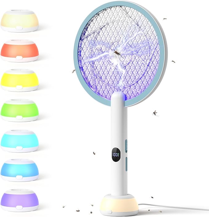 YISSVIC Electric Fly Swatter Bug Zapper Racket 4000V LED Screen Dual Modes Fly Zapper Rechargeable for Indoor Home Office Backyard Patio Camping