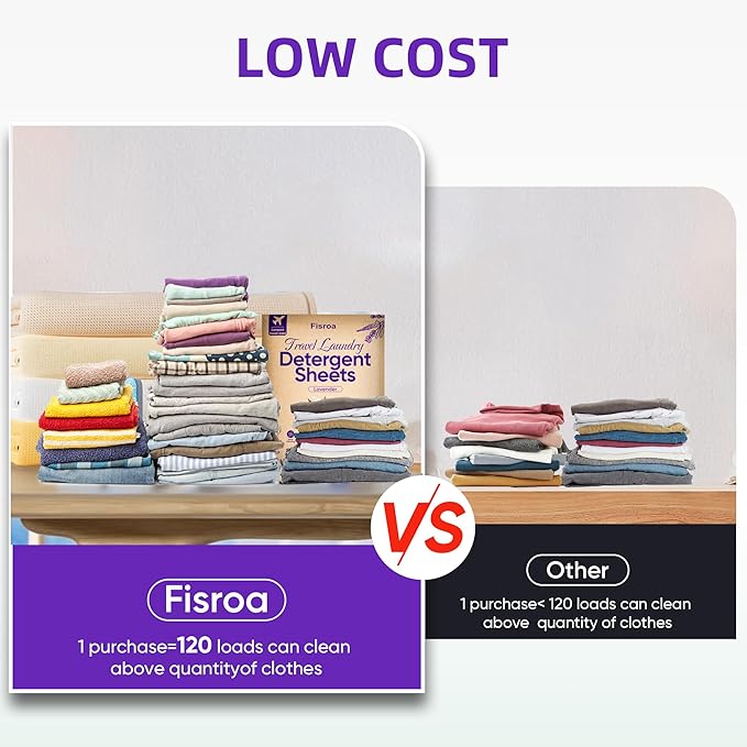 Travel Laundry Detergent Sheets Eco-friendly 120 Loads Fisroa Clothes Washing Detergent Sheets Plastic-Free Washer Strips, Lavender Liquidless Laundry Strips