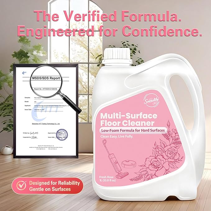 Snowlily 33.8 FL OZ Floor Cleaning Solution Compatible with Robot Vacuum, Residue & Streak Free, Low Foam Floor Cleaner for Mopping, for All Robot Vacuum Mops & Wet Dry Vacuum Cleaners, Rose
