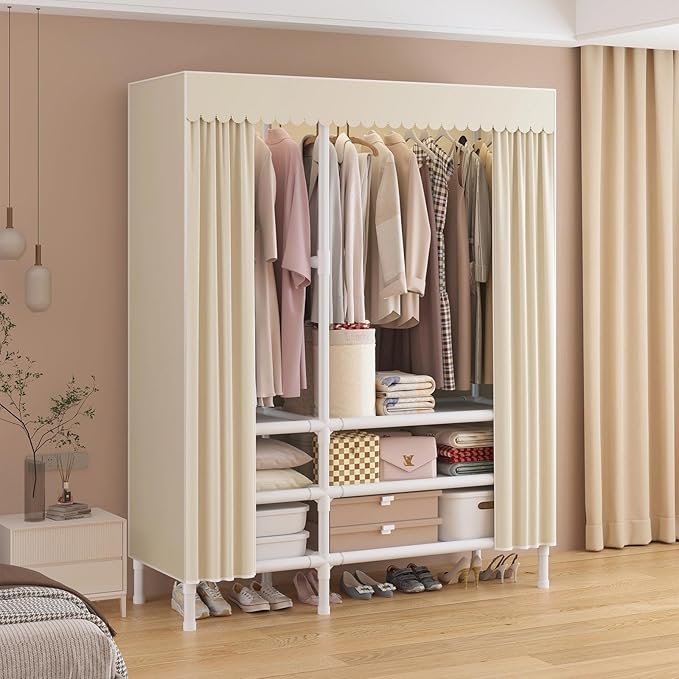 Portable Closet,Garment Rack,Heavy Duty Clothes Rack with Cover,Wardrobe Closet with 2 Hanging Rods, 6 Storage Shelves,43.3" L x 17.7" W x 67.7" H,Pale Yellow