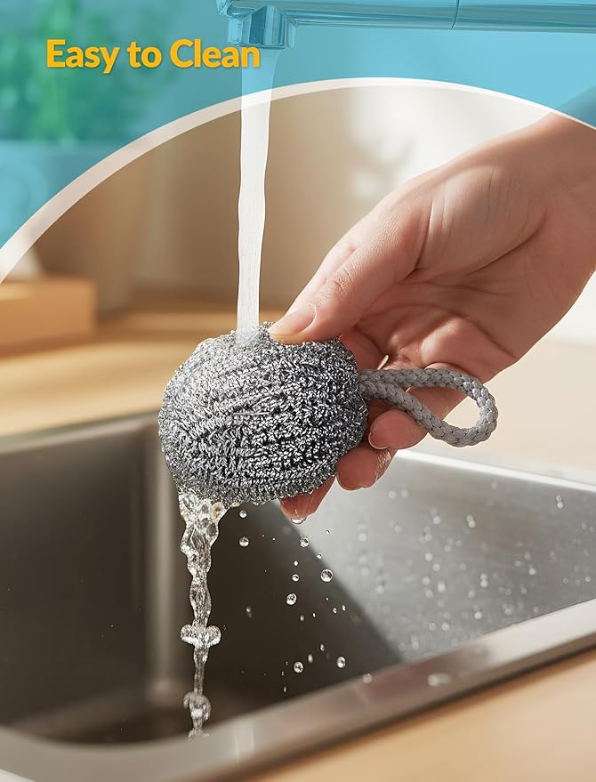 NiHome 10-Pack Steel Wool Scrubbers for Kitchen Cleaning, Stainless Steel Scourers with Hanging String, Reusable Rust-Resistant Scrubbers for Pots, Pans, Grill Racks, Sinks, Cast Iron