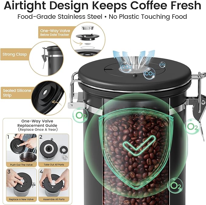 Veken Coffee Canister with Window,Airtight Stainless Steel Pantry Container,Home Kitchen Food Storage Organizers for Ground,Beans,Espresso,Rice,Tea,Sugar,Cereal, Decor,Bar Accessories,Gifts,22OZ,Black