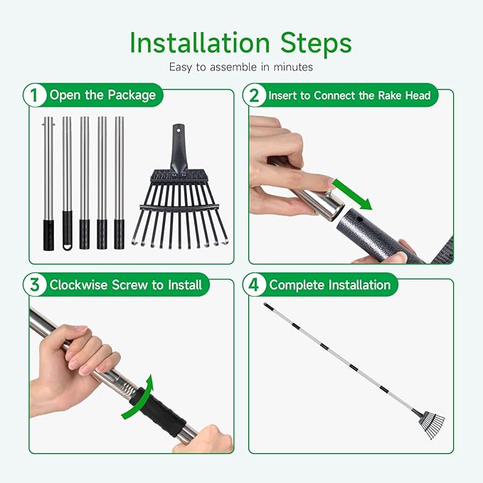 GreatBuddy Adjustable Leaf Rake, 8'' Wide Metal Rake, Perfect for Shrub, Flower Bed & Small Area, 29''- 72'' Expandable Stainless Steel Handle, Easy to Use