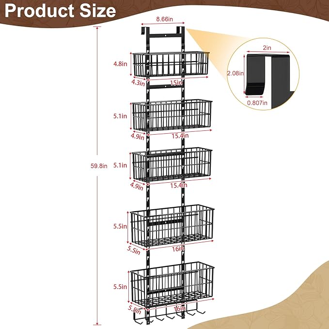 Hongtamoya Adjustable Over the Door Organizer, Metal Hanging Door Organizer with 5 Wire Basket 7 Hooks, Wall Mounted Shelf for Pantry Laundry Organization and Storage, Black