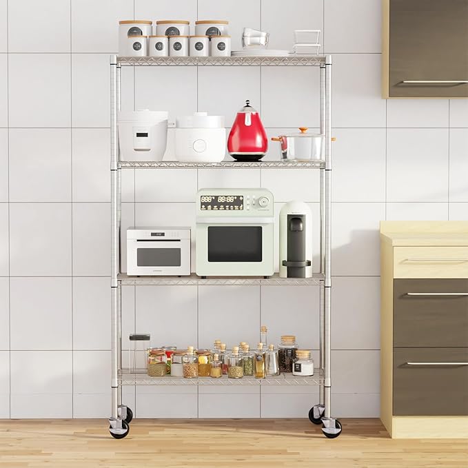 FDW 4-Tier Wire Shelving Unit Adjustable Garage Shelving 1400 lbs Weight Capacity Storage Shelves with Wheels for Home Kitchen Garage Commercial, 14" Dx36 Wx62 H, Chrome